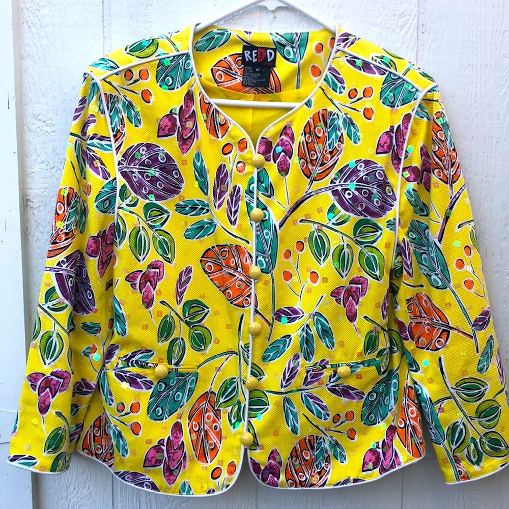 Festive spring summer yellow jacket w/clear sequins and multi colored flowers.